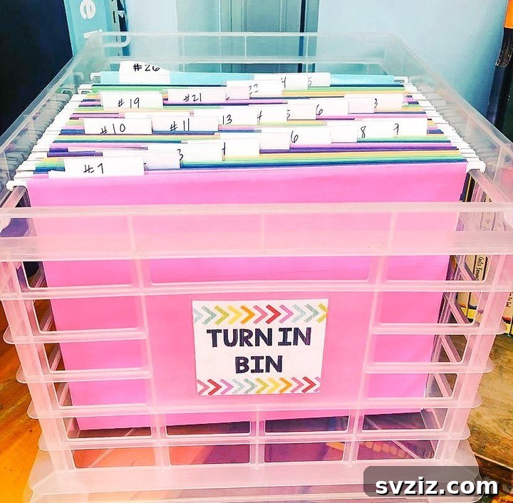 Student assignment turn-in bin in a classroom