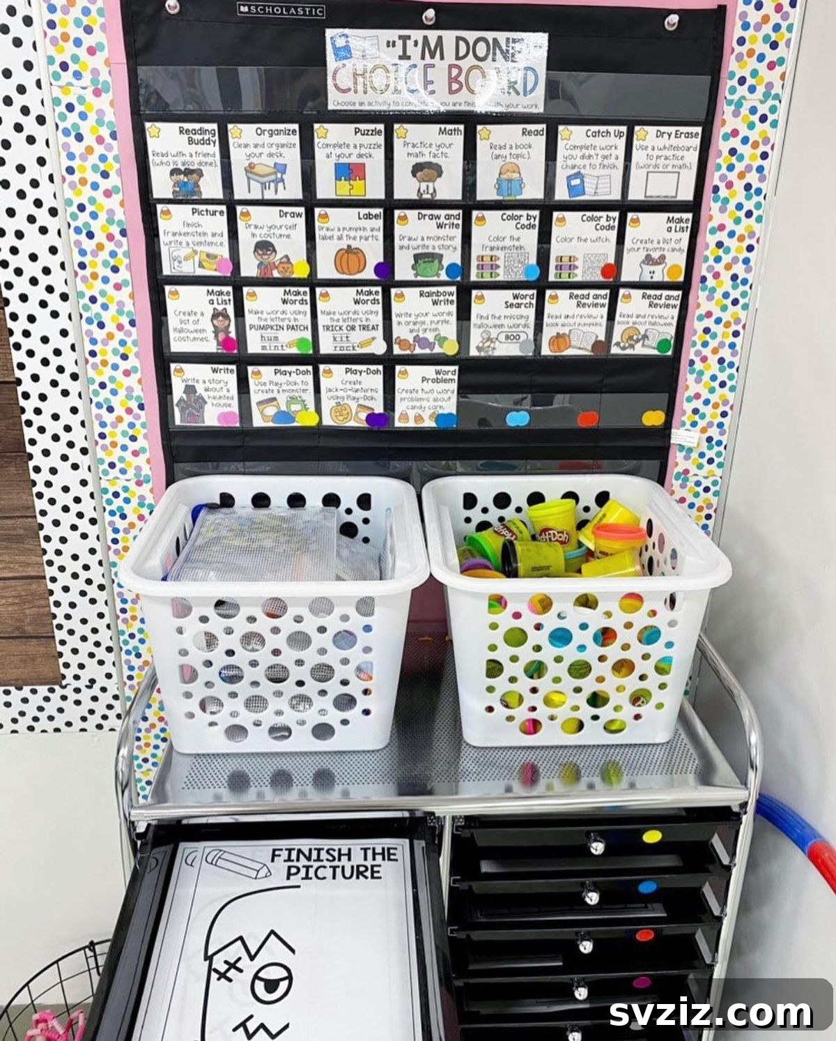Classroom choice board with a rolling cart for early finisher activities