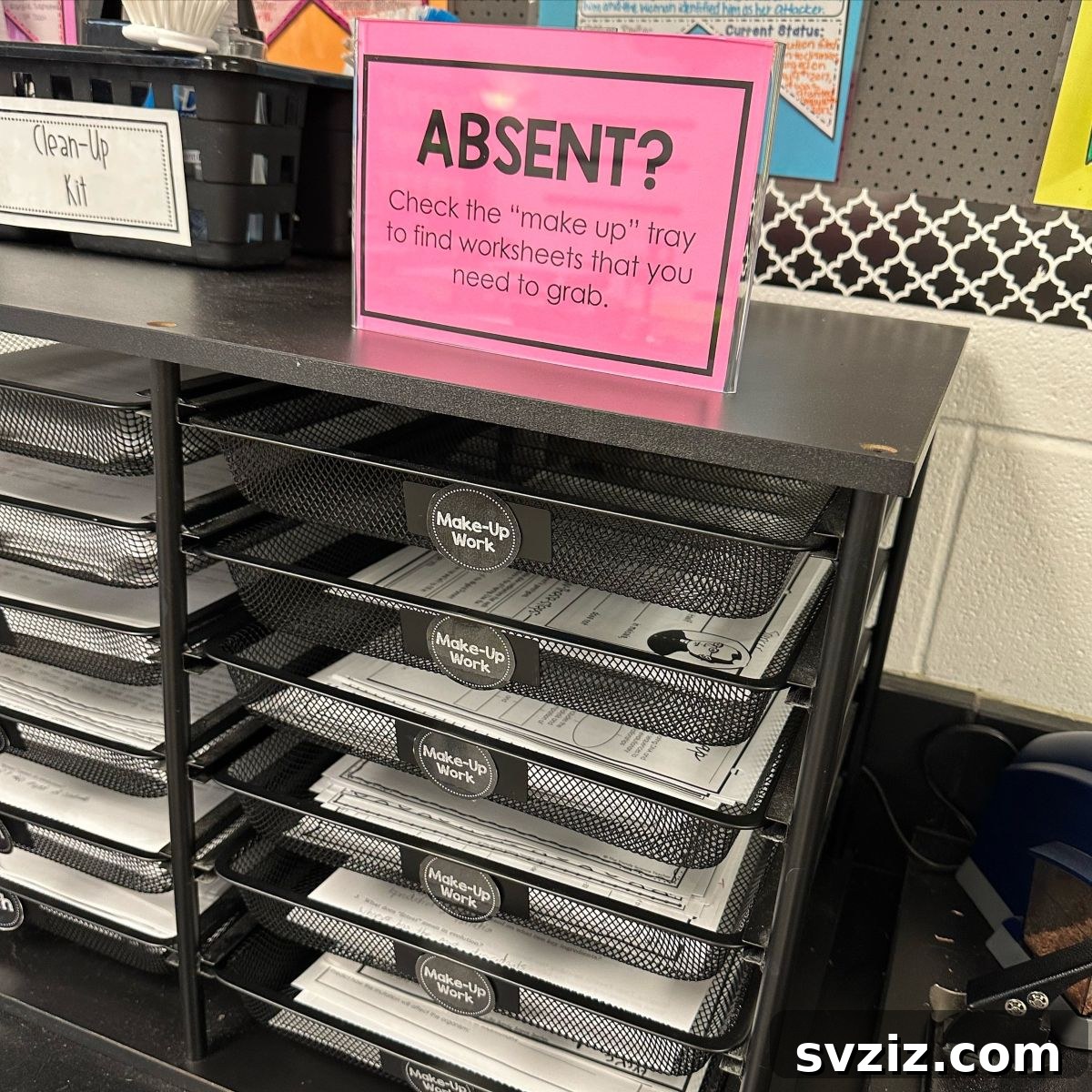 Absent tray system for missed assignments in a classroom