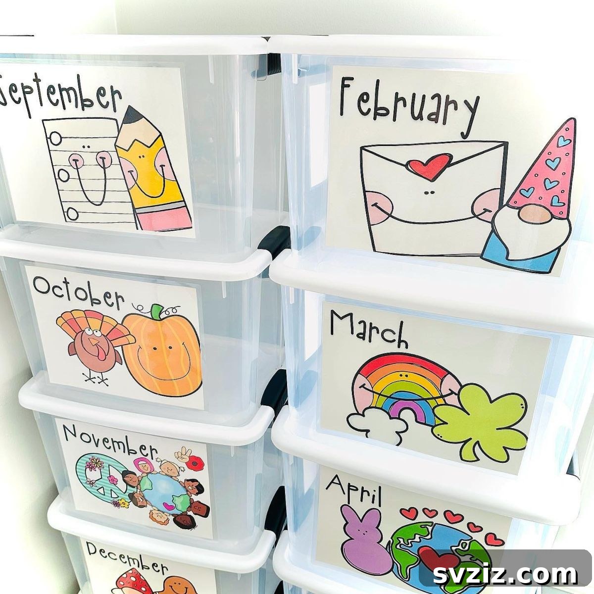Classroom bins organized with monthly labels