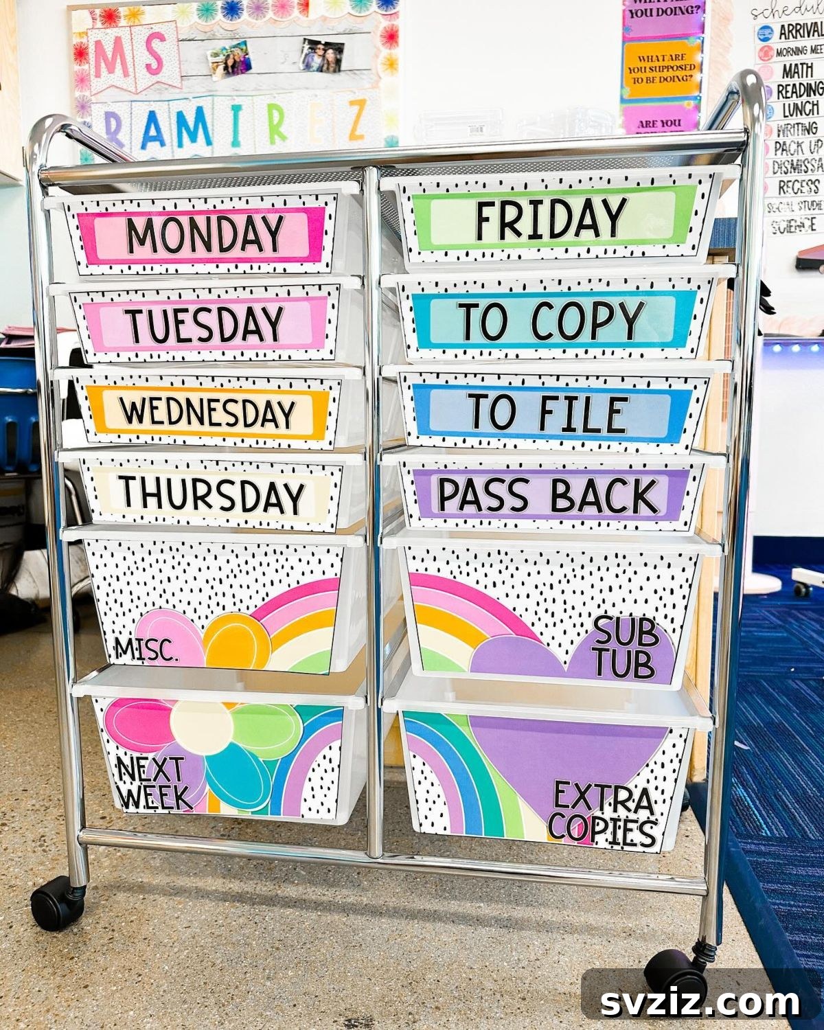 Colorful rolling cart with labeled drawers for classroom supplies