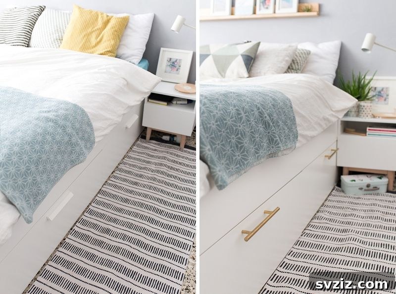 20 Genius IKEA Bedroom Transformations You Need Right Now 8 IKEA Brimnes Bed Brass Pulls