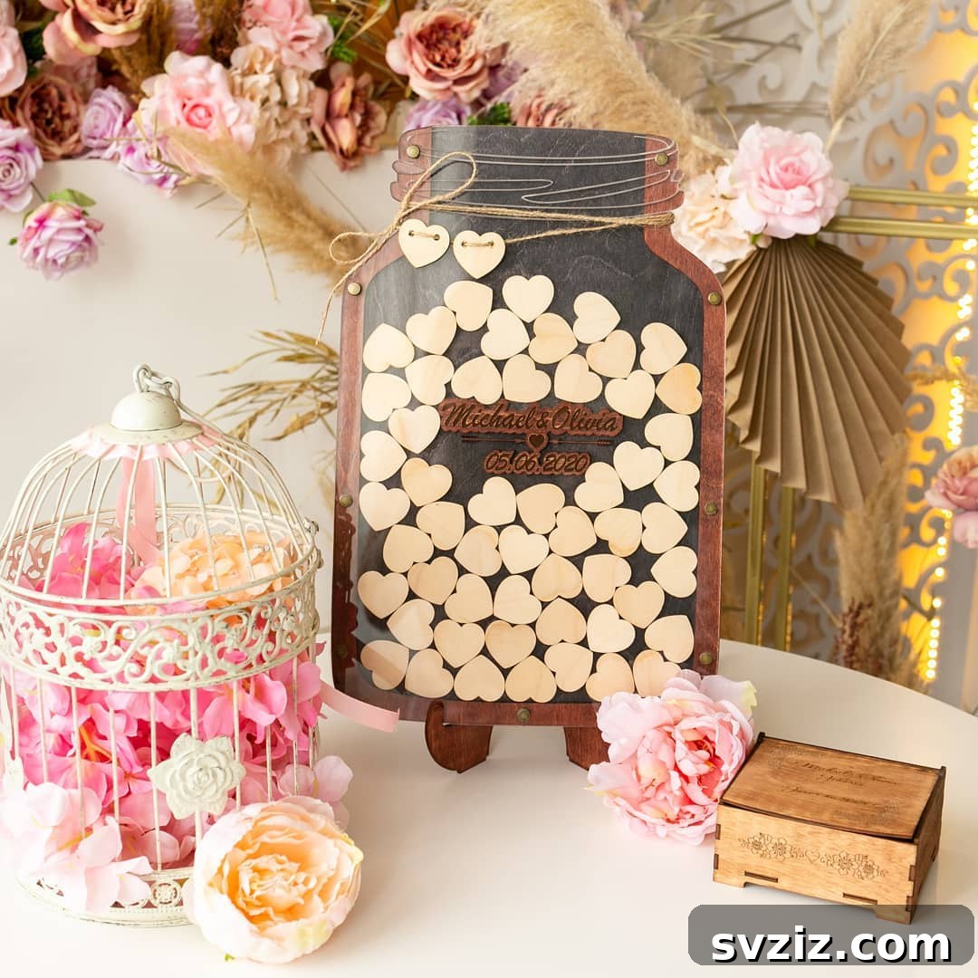 Jar of wooden heart magnets for guest messages