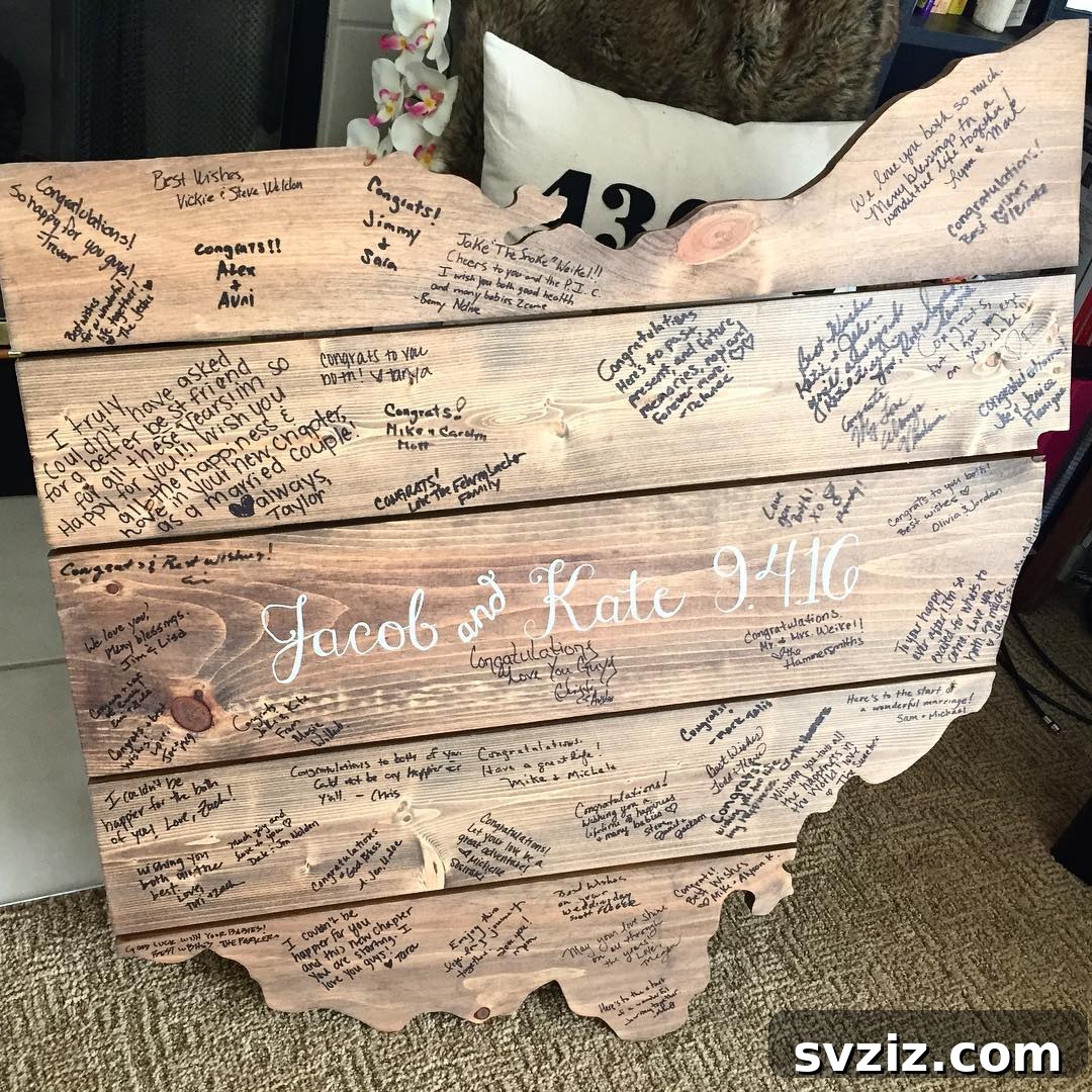 Wooden sign shaped like a state for guest signatures