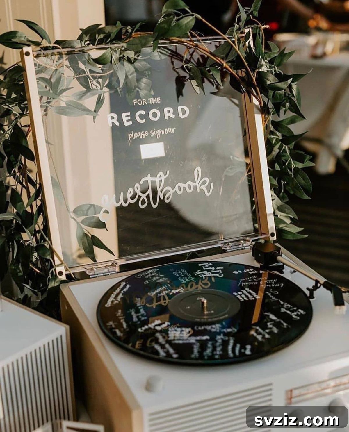Vintage record player guest book with signed vinyl records