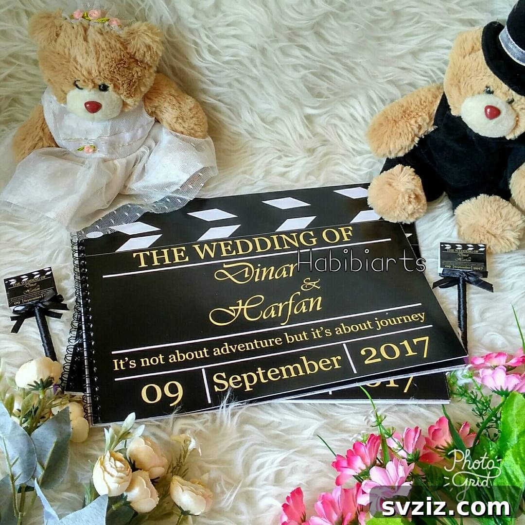 Film-themed guest book with photos of the couple