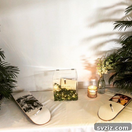 Skateboard decks signed by wedding guests