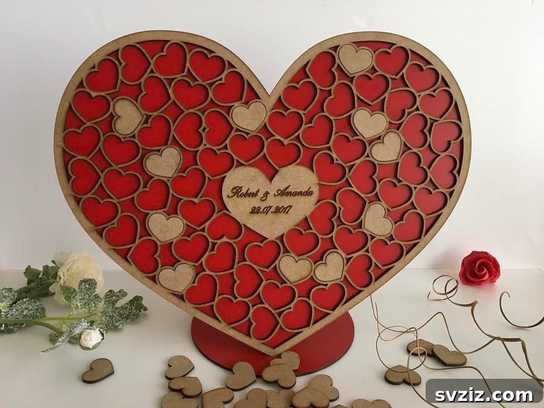 Wedding guest book frame with small wooden hearts