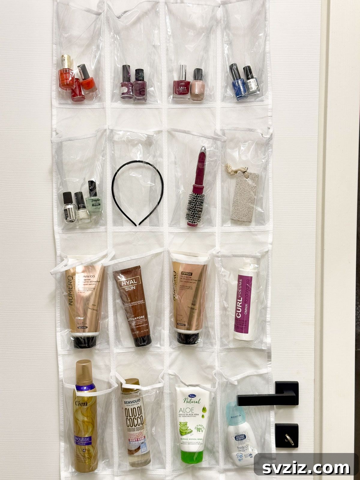 Over the Door Shoe Organizer for Self-Care Products in a Bathroom