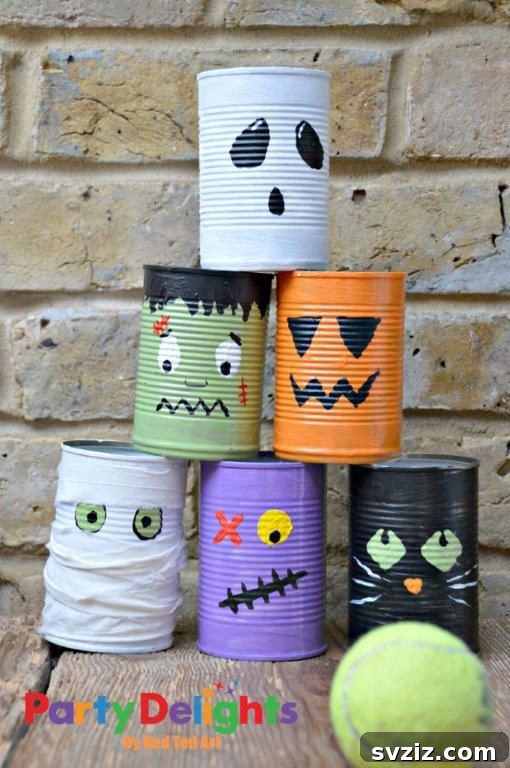 31 Terrifying Halloween Bash Concepts 28 DIY Halloween Tin Can Bowling game with painted ghost and pumpkin cans