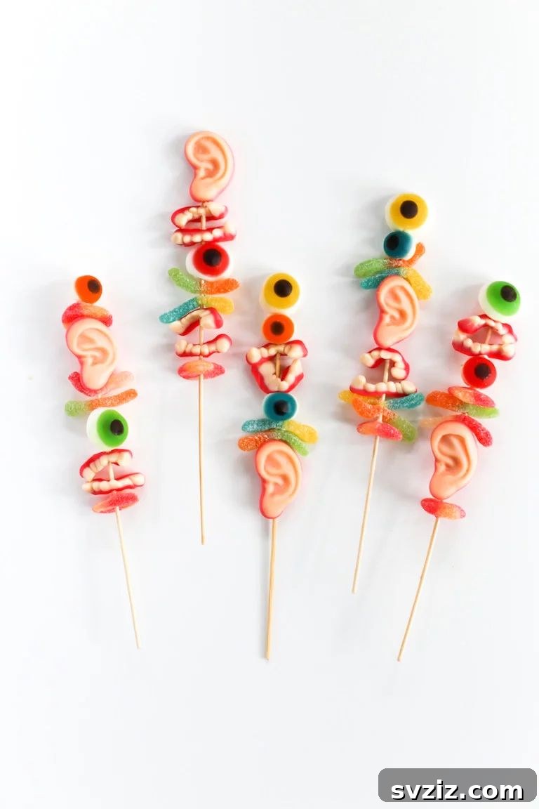 31 Terrifying Halloween Bash Concepts 30 Halloween Gummy Kabobs with candy eyeballs and worms