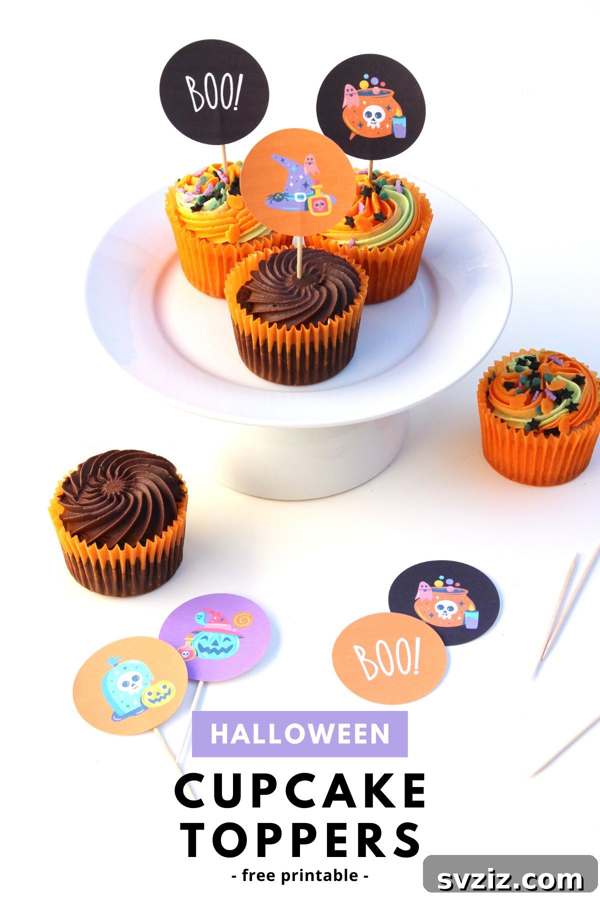 31 Terrifying Halloween Bash Concepts 33 Halloween cupcake toppers with ghost, pumpkin, and witch hat designs