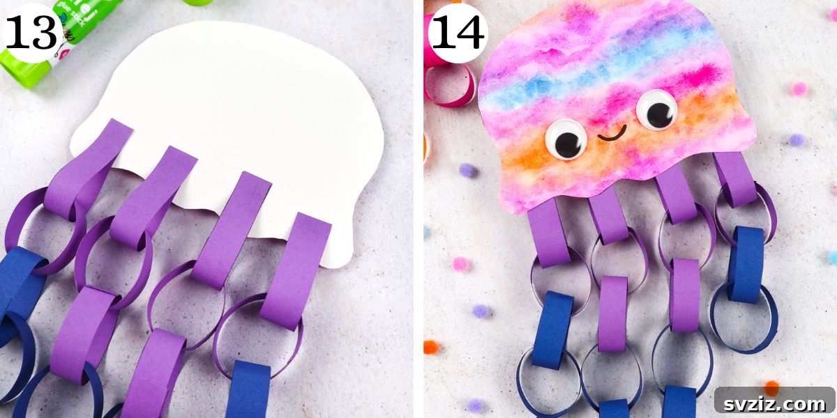 Whimsical Paper Jellyfish Art 10 Gluing paper tentacle chains to the back of the jellyfish head