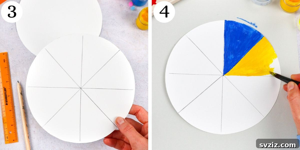Decorating paper spinner with paint and geometric patterns