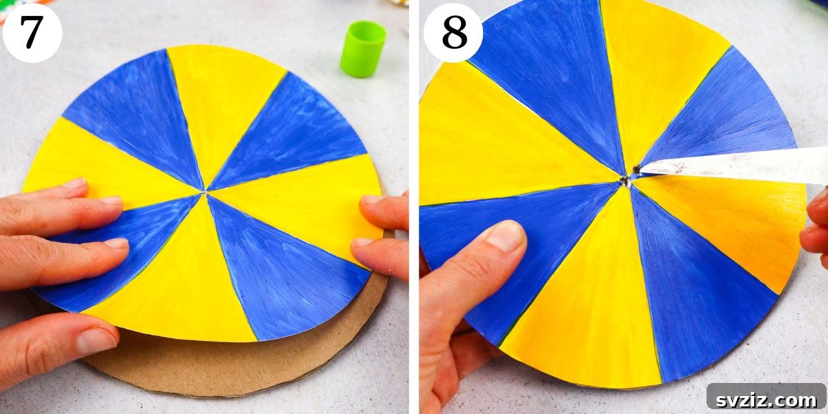 Gluing paper circles to cardboard and poking holes for twine
