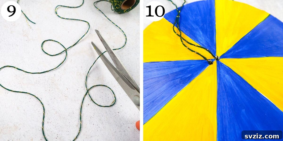 Threading twine through holes and tying a knot for the paper spinner