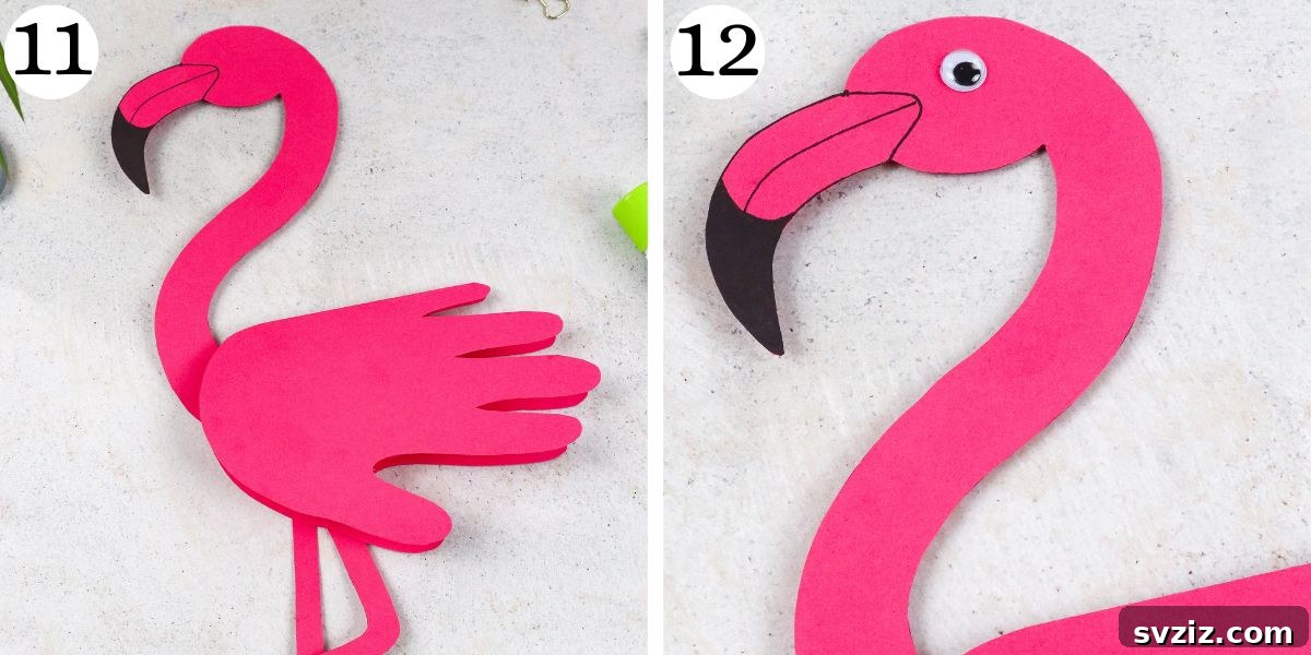 Flamingo Handprint Delight 9 An image showing the flamingo's legs being glued to the back of the body and a googly eye being attached to the head, completing the flamingo's appearance.