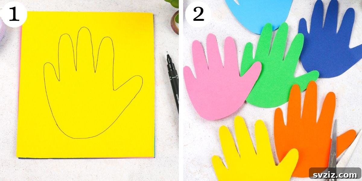 Trace and cut handprints for parrot feathers