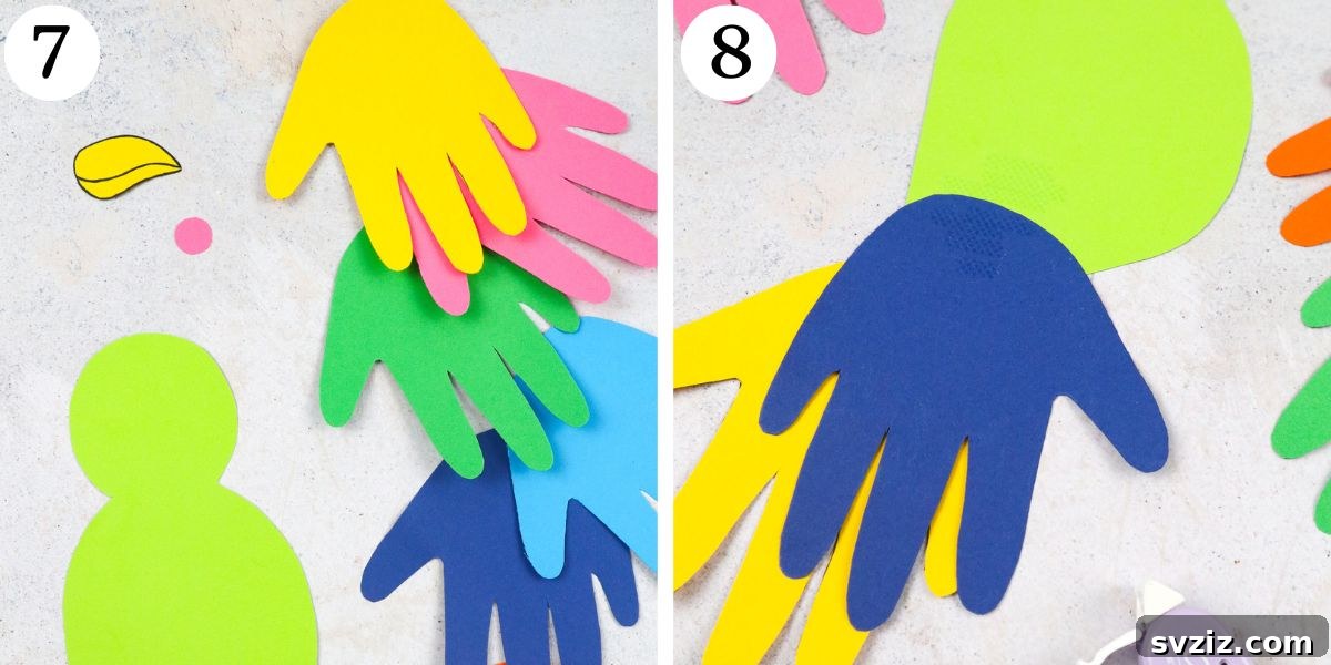 Assembling the handprint parrot with feathers