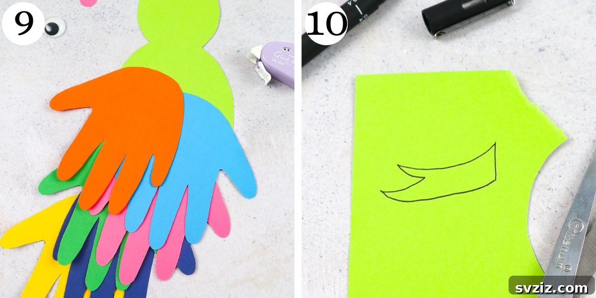 Gluing the handprint wing and crest feather onto the parrot