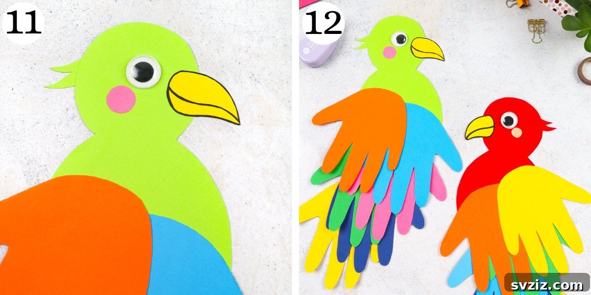 Finished colorful handprint parrot craft