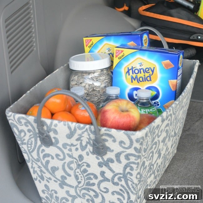 20 Effortless Car Organization Tips 11 Snack basket for a car, filled with healthy and easy-to-grab snacks for travel.