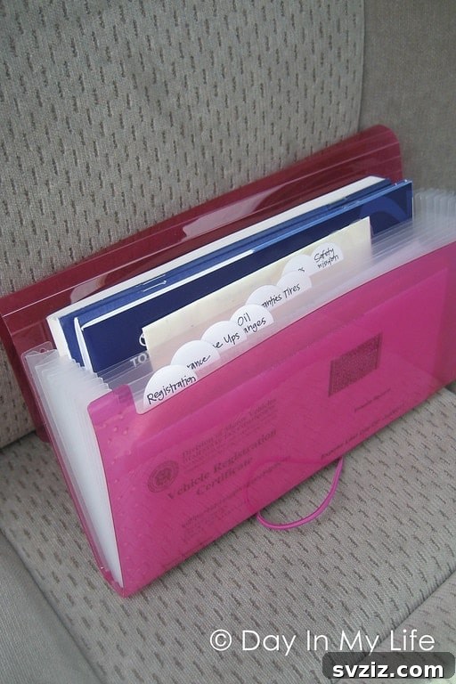20 Effortless Car Organization Tips 13 Essential car documents folder, showing organized papers like registration and insurance.