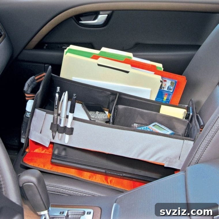 20 Effortless Car Organization Tips 15 A well-organized car office setup, showing a dedicated organizer for work essentials.