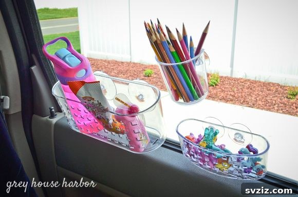 20 Effortless Car Organization Tips 16 Shower caddies repurposed as car organizers for kids' toys and small items.