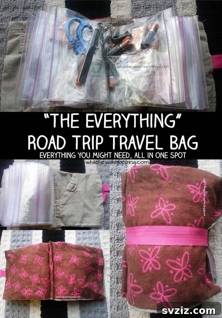 20 Effortless Car Organization Tips 20 DIY 'Everything Pouch' for road trips, a comprehensive travel bag for various small necessities.