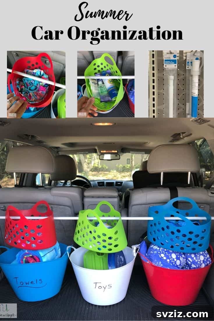 20 Effortless Car Organization Tips 22 Organized summer car kit with a tension rod and bins for towels, vests, and beach toys.