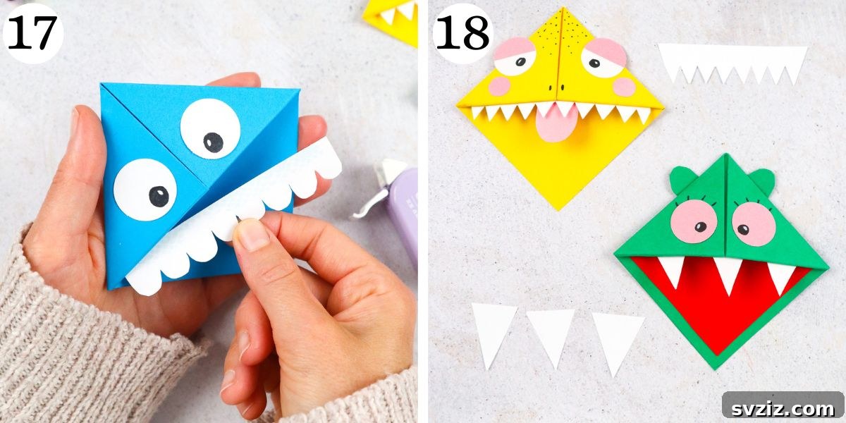 add teeth to origami corner bookmark, monster bookmark ideas