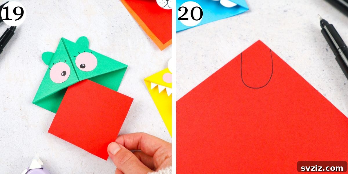 add a tongue to origami corner bookmark, whimsical paper craft