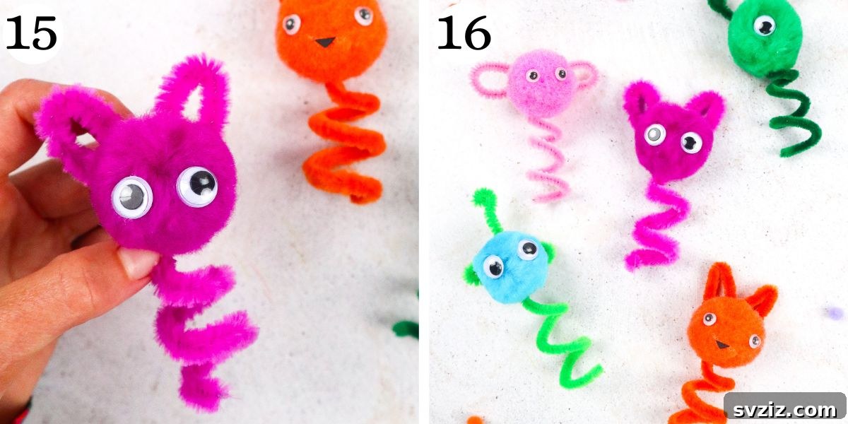 Two finished, cute pipe cleaner puppets with googly eyes and pom pom heads, ready for play.