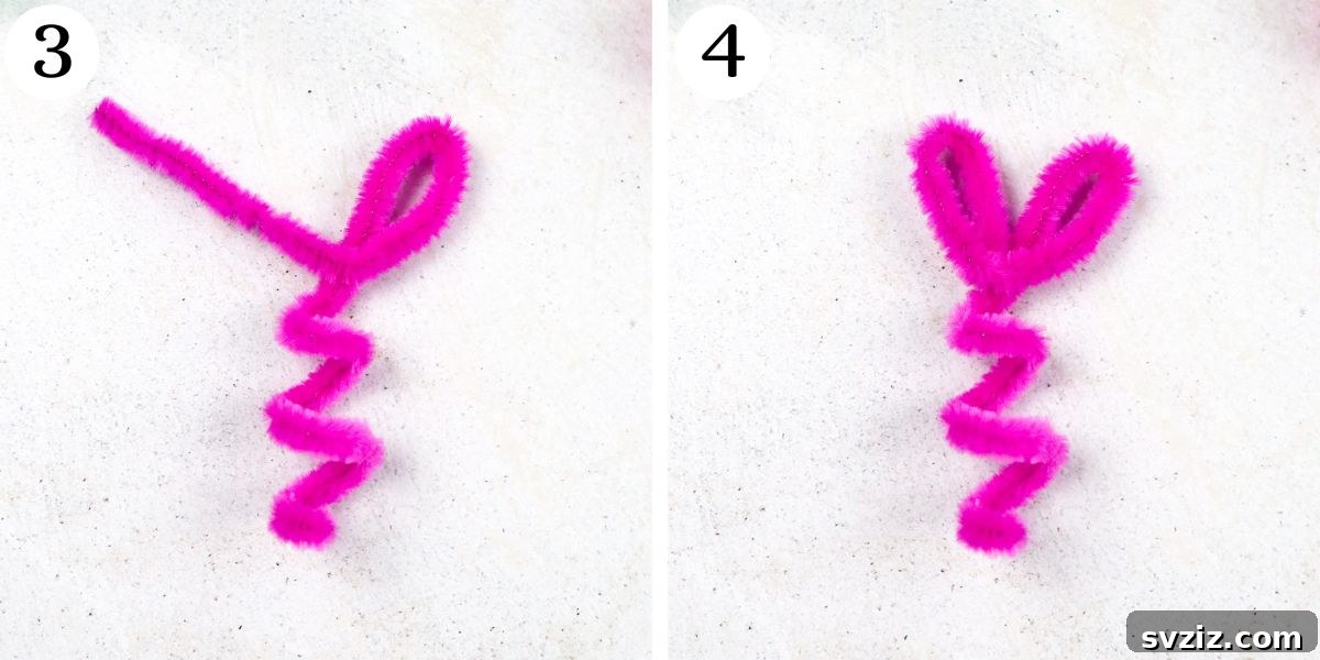Two pipe cleaners bent into loops at the top, forming ears for the puppets.