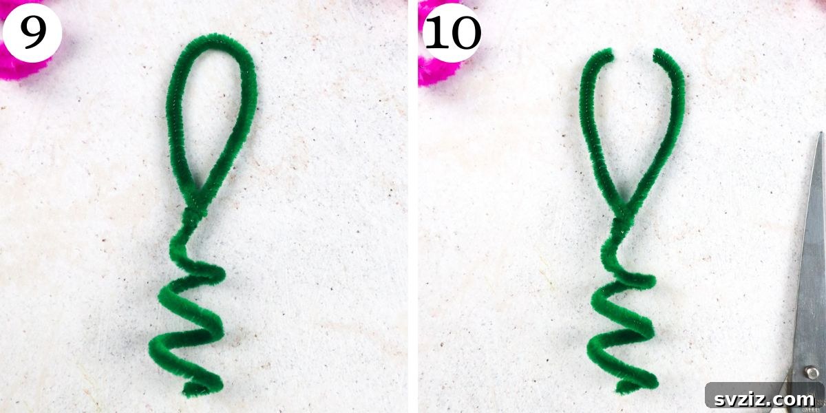 A pipe cleaner shaped into a large loop, with the next image showing the loop cut to form two antennae for an alien puppet.