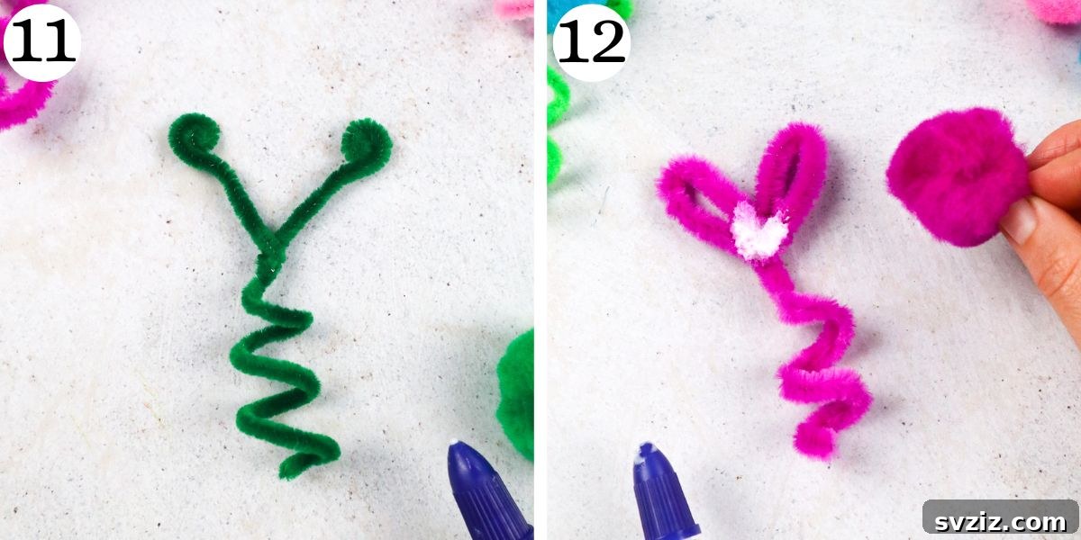 Pipe cleaner alien antennae being rolled at the ends, and a pom pom being glued onto a pipe cleaner base.