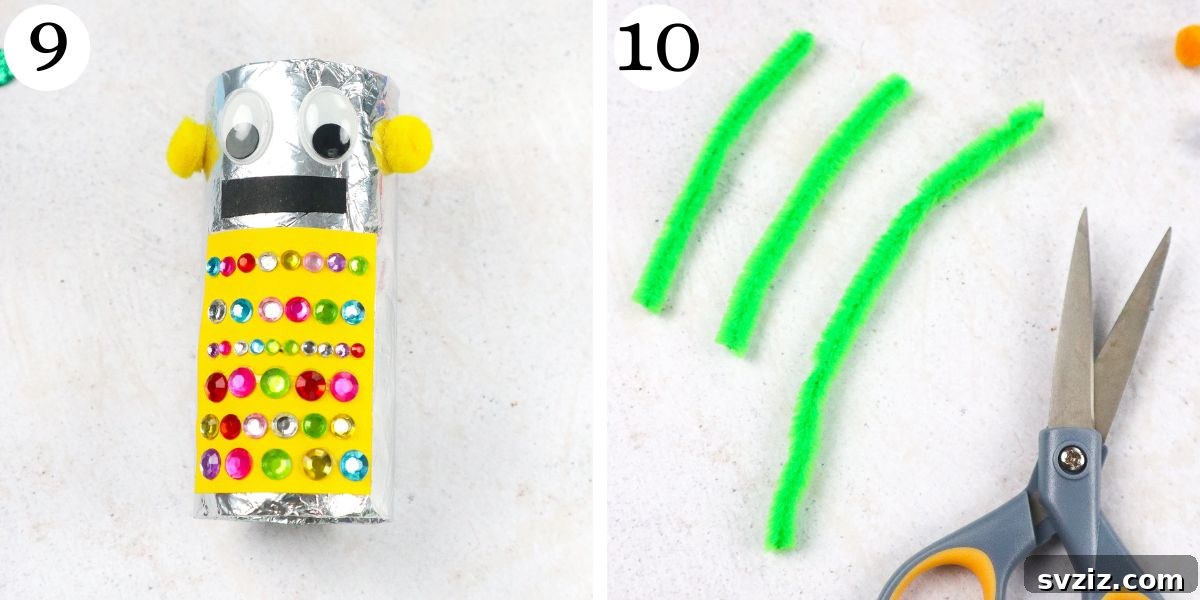 Adding googly eyes and pipe cleaners for robot arms and antenna