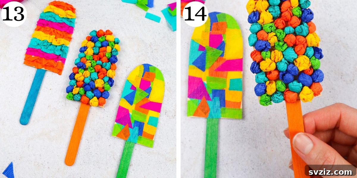 Rainbow Tissue Paper Ice Pops 11 Completed popsicle stick craft with tissue paper decoration