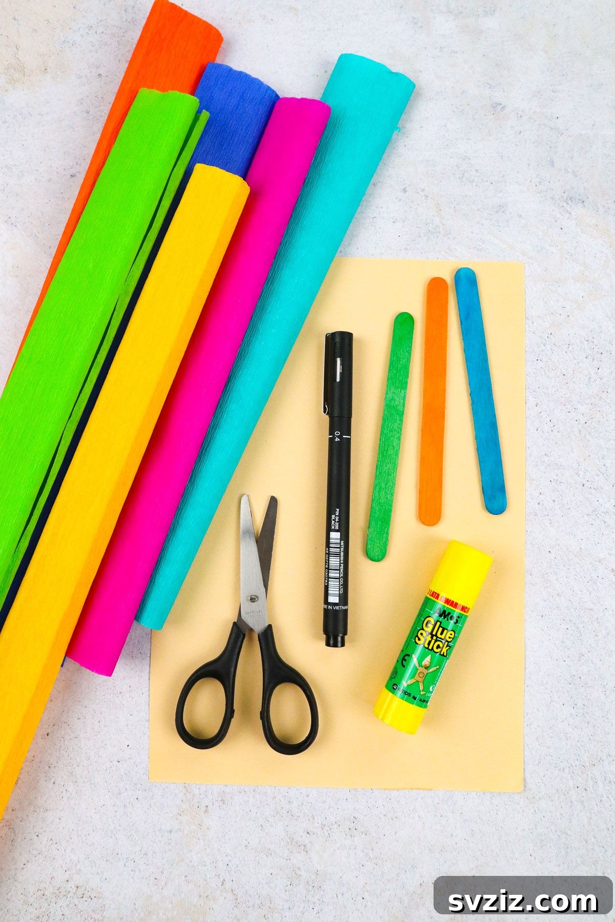 Rainbow Tissue Paper Ice Pops 4 Craft supplies neatly arranged for Popsicle Tissue Paper Craft