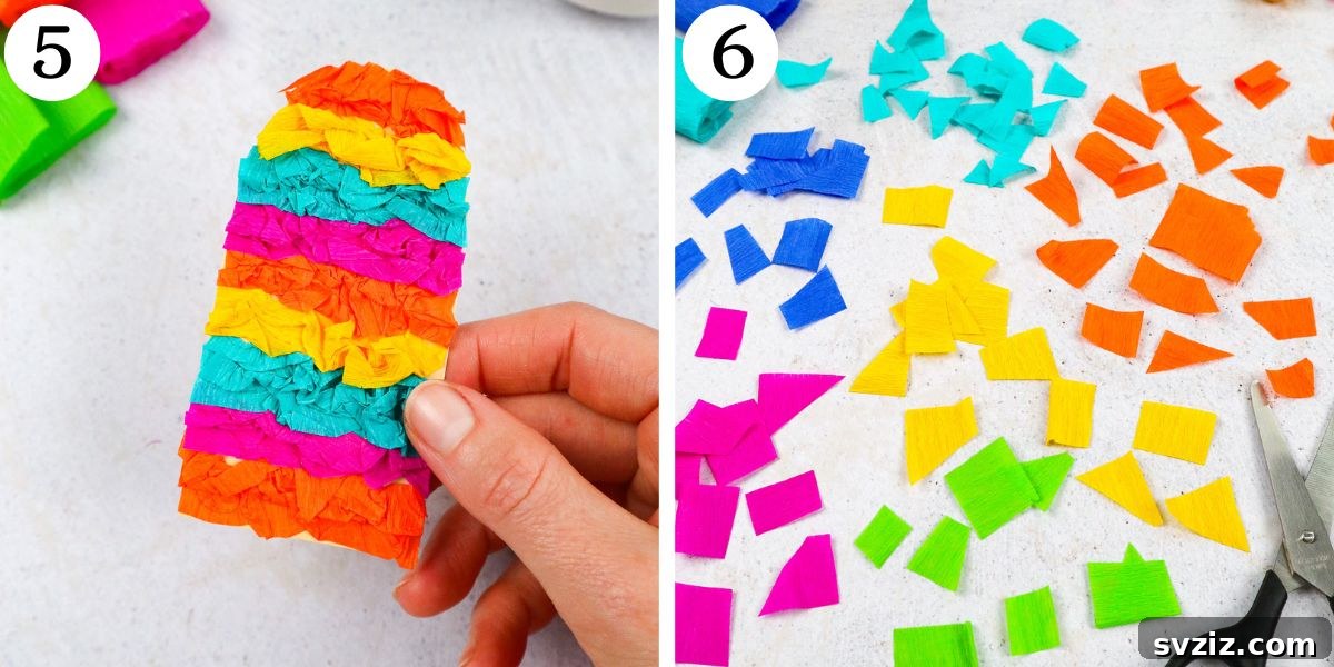Rainbow Tissue Paper Ice Pops 7 Cutting tissue paper into various shapes for mosaic decoration
