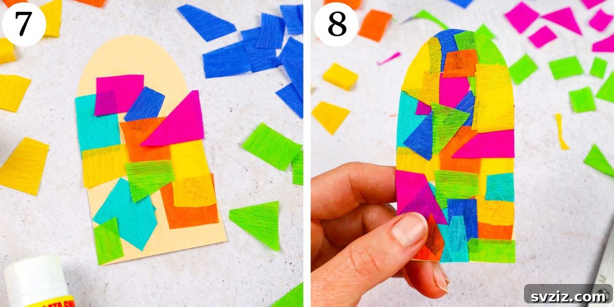 Rainbow Tissue Paper Ice Pops 8 Creating a mosaic pattern on a popsicle with layered tissue paper