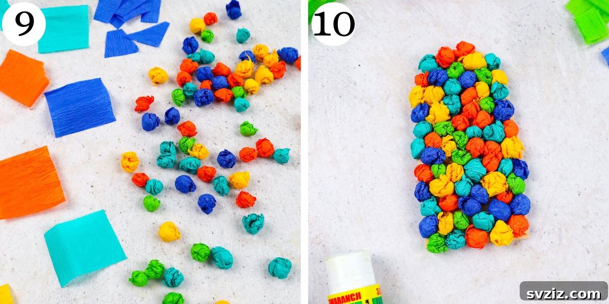 Rainbow Tissue Paper Ice Pops 9 Forming tissue paper dots and gluing them onto the popsicle