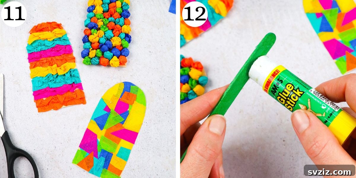 Rainbow Tissue Paper Ice Pops 10 Applying glue to attach the popsicle stick