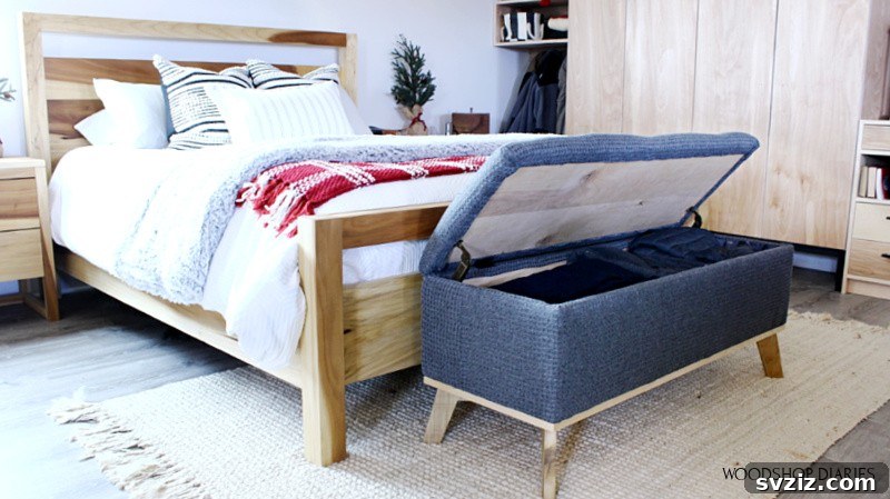 Yatak Odanızı Ferahlatacak ve Düzenleyecek 21 Akıllı İpucu 17 Build a functional and stylish upholstered storage bench for your bedroom, perfect for blankets and seasonal items.