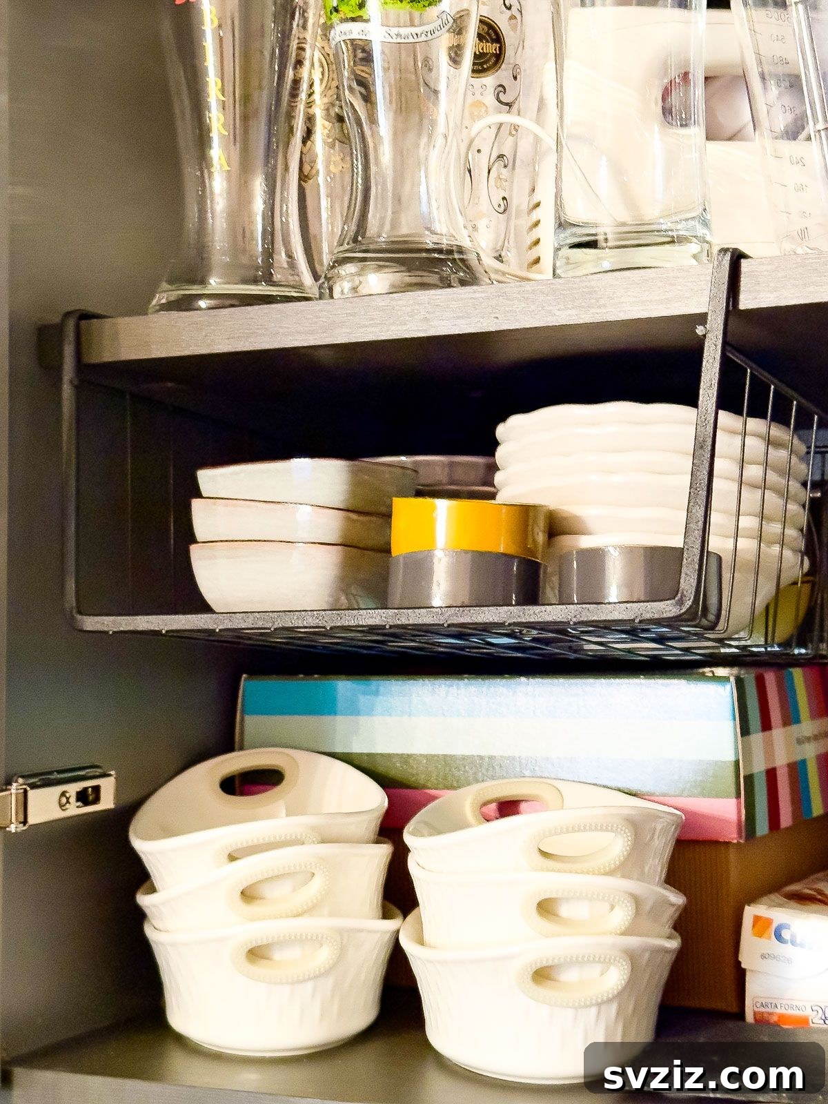 Extra Storage in a Cupboard with Hanging Undershelf Baskets