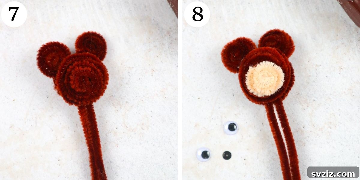 Attaching the nose to the pipe cleaner bear head