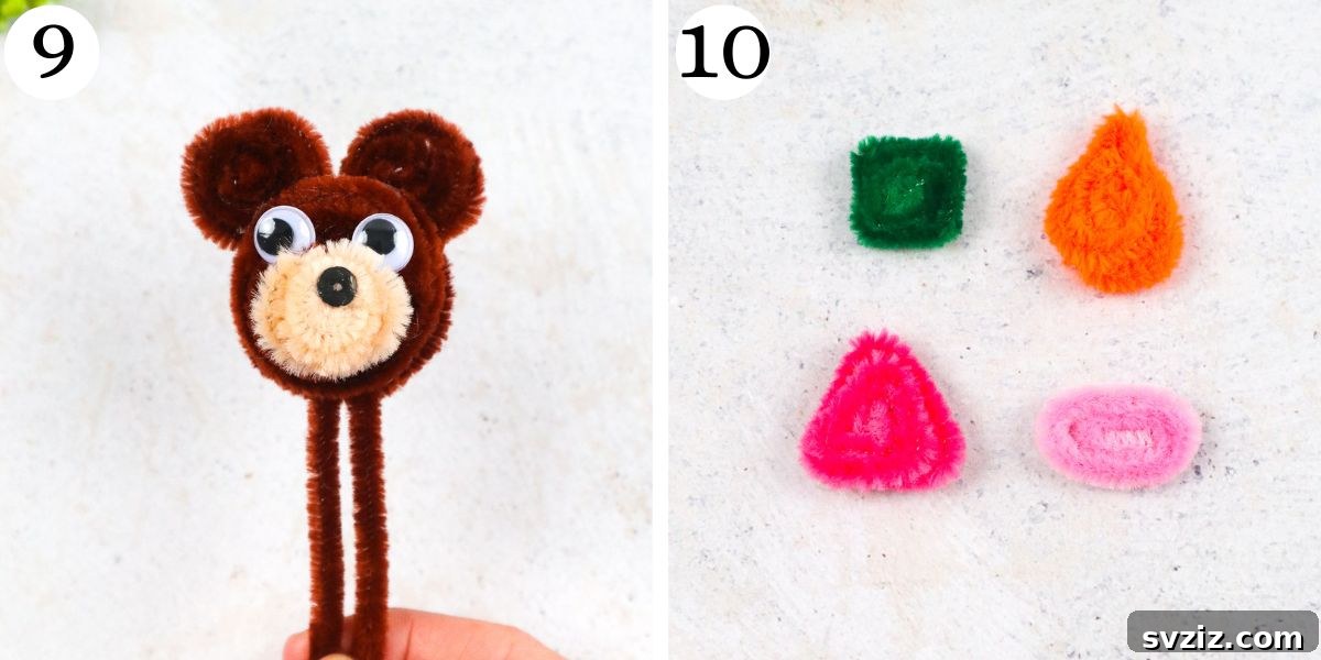 Adding googly eyes and sequin nose to the pipe cleaner bear