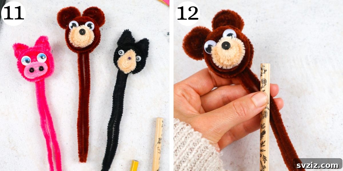 Wrapping pipe cleaners around pencils to attach the topper