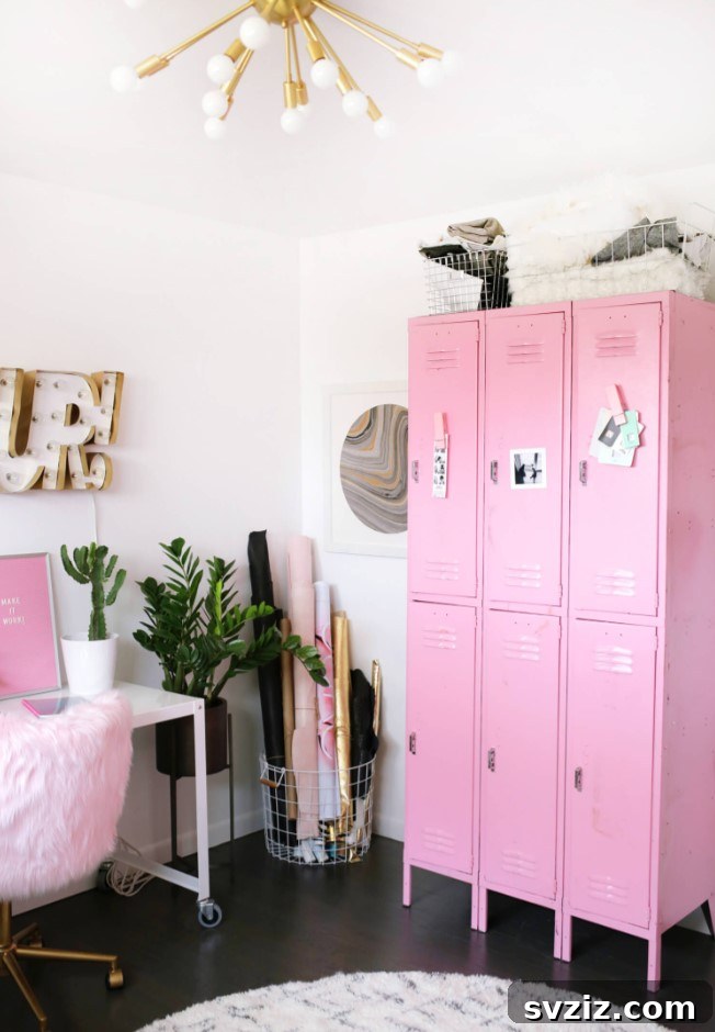 21 Brilliant Craft Room Layouts to Spark Your Imagination 14 Chic Pink Craft Room Storage Lockers